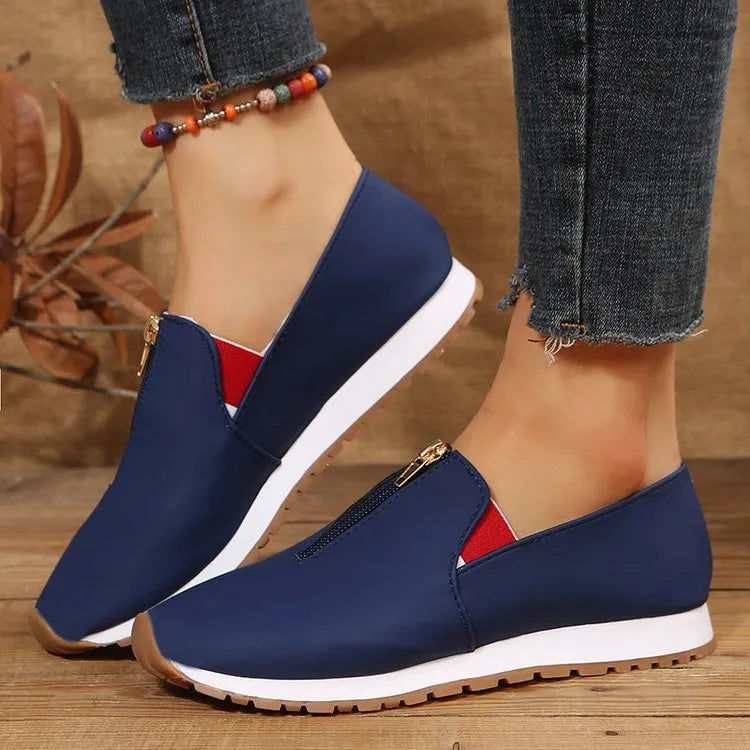 Women's zip flats loafers in red, black or dark blue with round toe and low heel