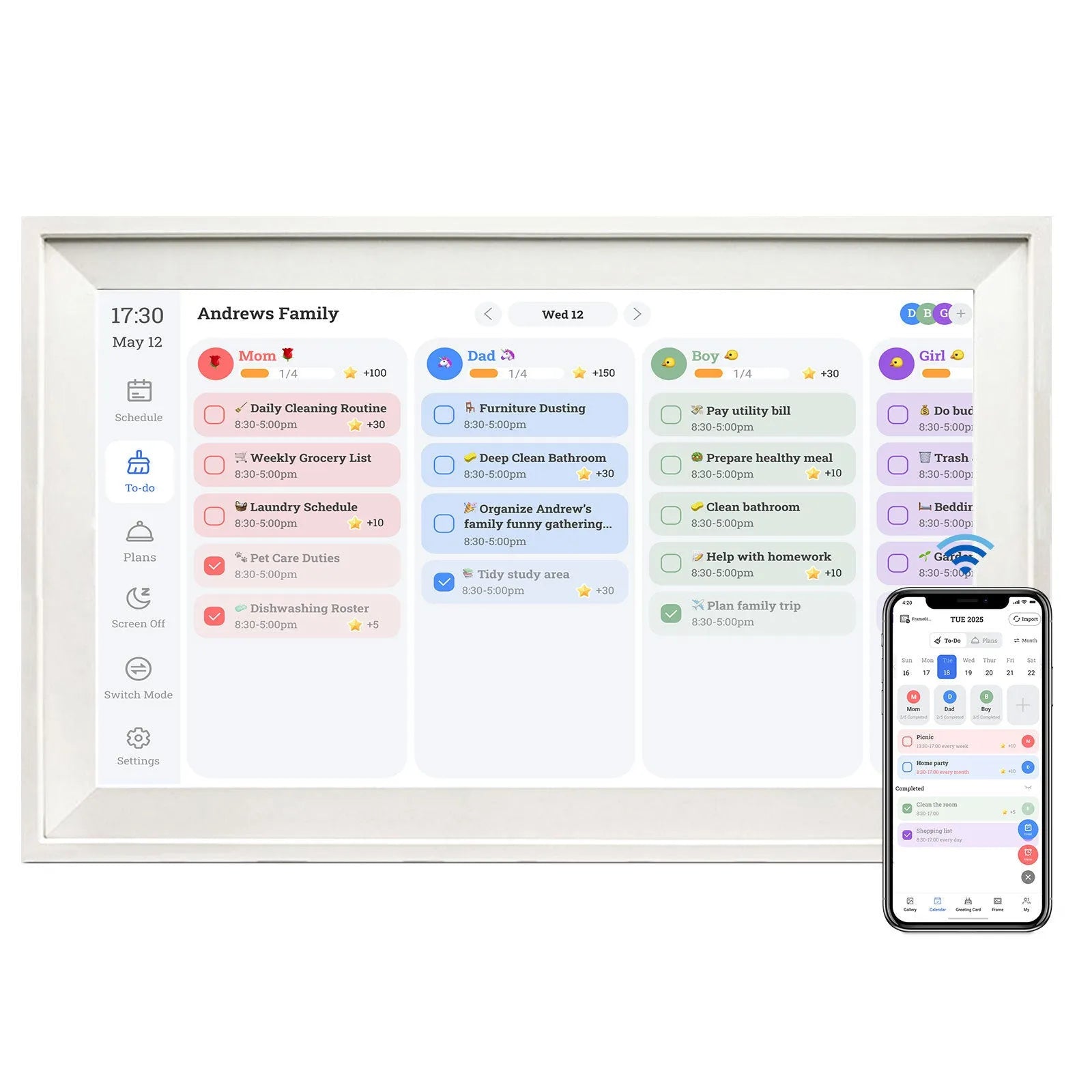 White smart digital photo frame with 15.6-inch display showing family photos, includes app control and UK power adapter