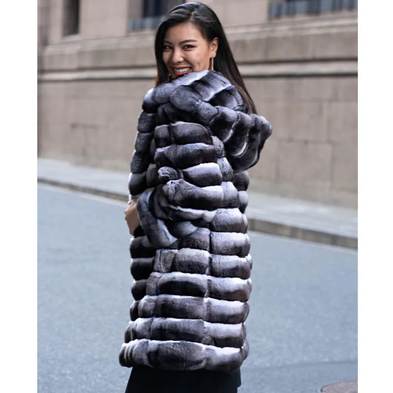 Women's zebra stripe pattern faux fur coat with artificial mink hair fabric, medium length