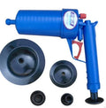 Plastic drain blaster gun with four adaptor suckers for clearing blockages in sinks and toilets, measuring 28 cm by 27.5 cm