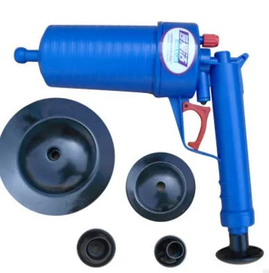 Plastic drain blaster gun with four adaptor suckers for clearing blockages in sinks and toilets, measuring 28 cm by 27.5 cm