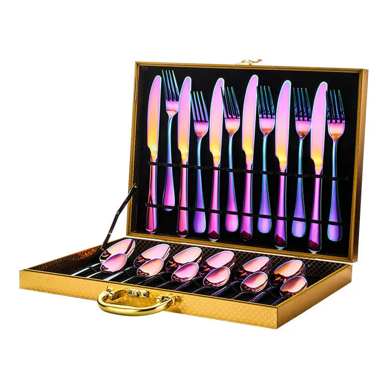 24-piece stainless steel cutlery set showing knives, forks, tablespoons and teaspoons in multiple finish colours