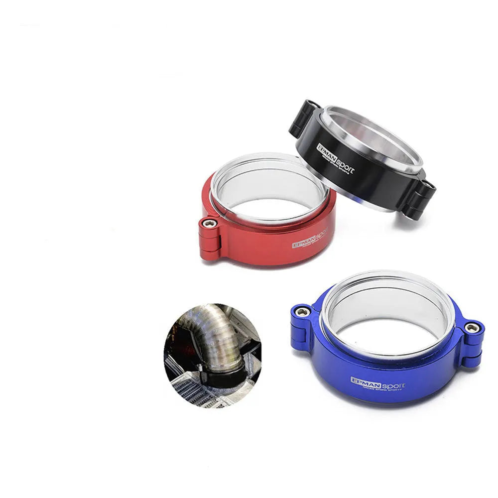 Aluminium fixed movement clamp for automotive turbine exhaust downspouts in black, blue, or red