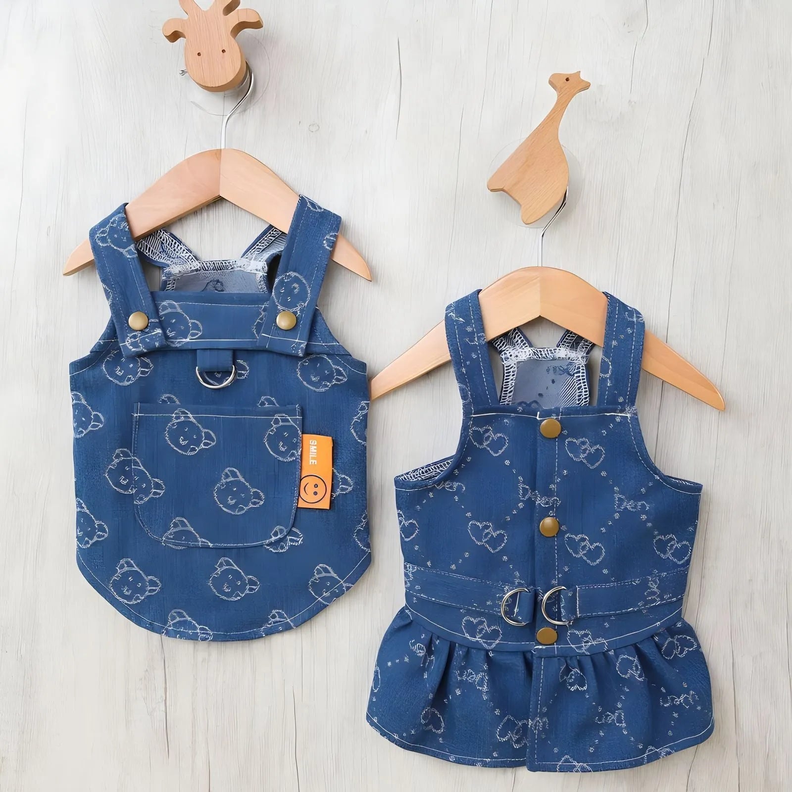 Teddy Bichon wearing denim princess dress in bracket-skirt style, small dog clothing for spring and autumn
