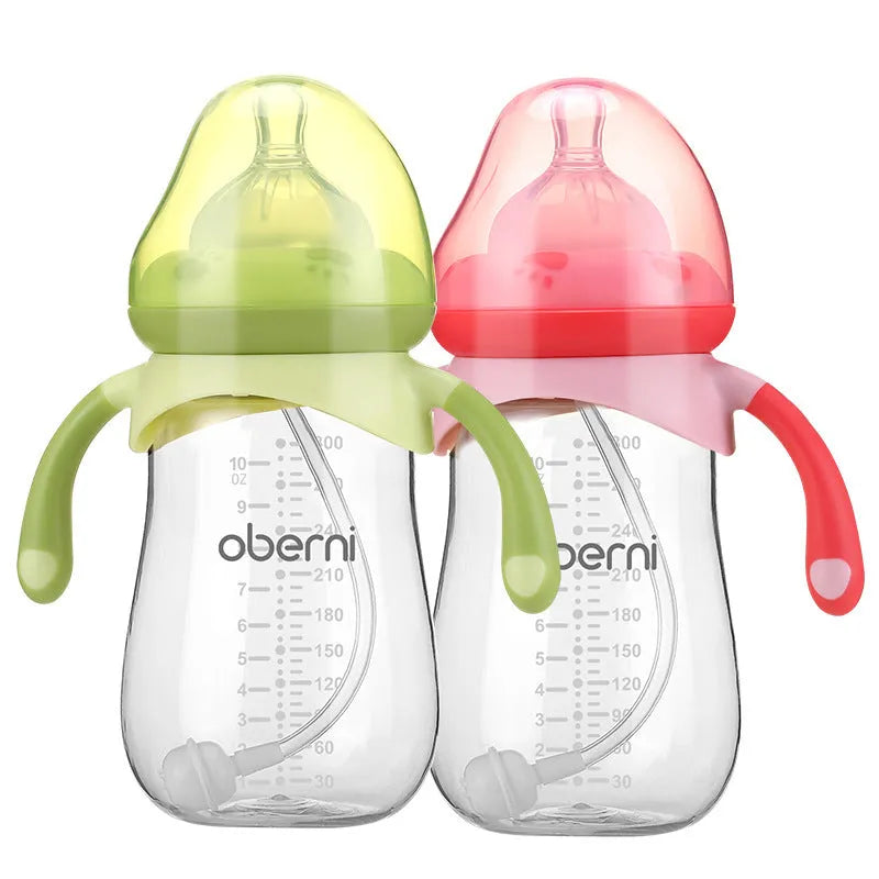 Blue wide caliber baby bottle with handle, anti-colic design, 300ml capacity