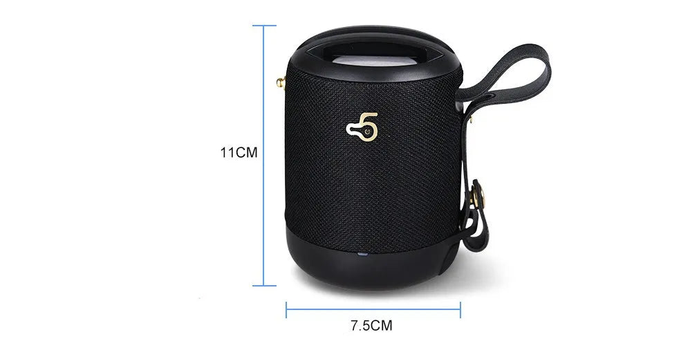Wireless portable mini waterproof card subwoofer in black, showing compact design with portable belt and button controls