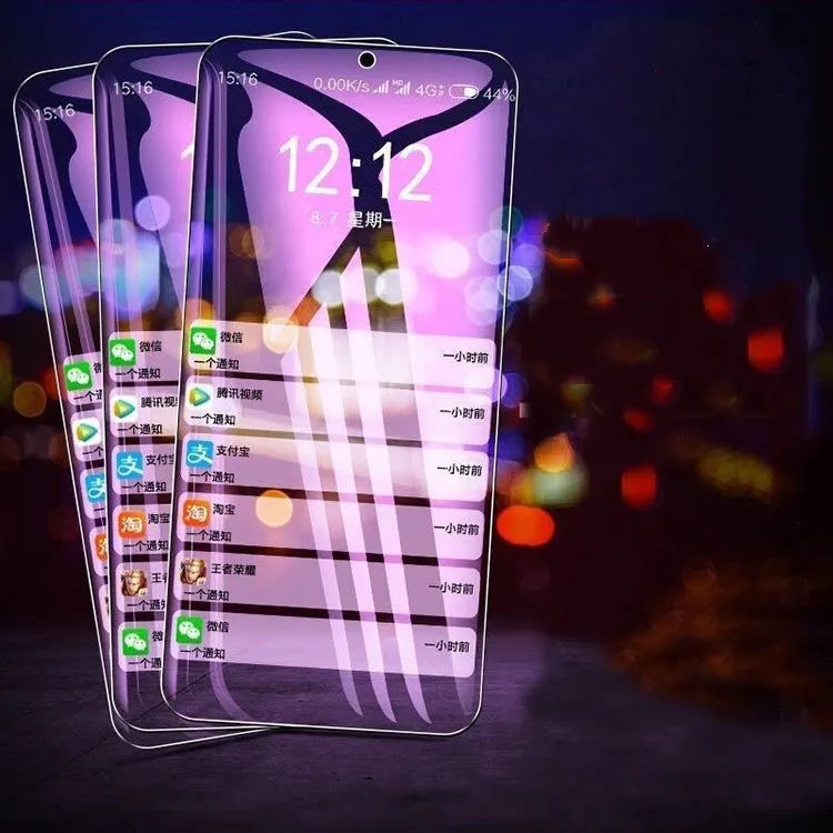 Violet light tempered glass screen protector for Vivo smartphones on a packaging card.