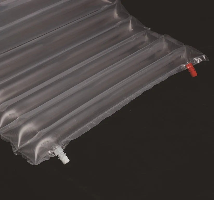 Transparent inflatable camping airbed showing dimensions and sturdy construction.