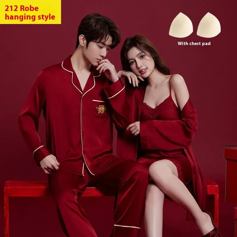 Red ice silk sleepwear set for men and women with long sleeves and trousers, fabric weight 121-140g/m²
