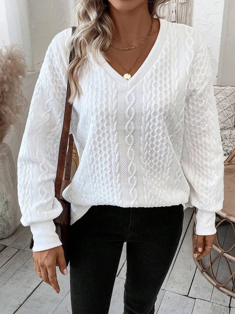 Milky White loose long sleeve T-shirt with 3D pattern, showing front view of polyester fabric and regular sleeves