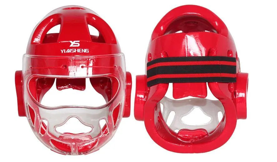 A white, blue, and red karate helmet for boxing head protection, shown in sizes S, M, L, and XL.