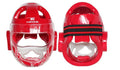 A white, blue, and red karate helmet for boxing head protection, shown in sizes S, M, L, and XL.