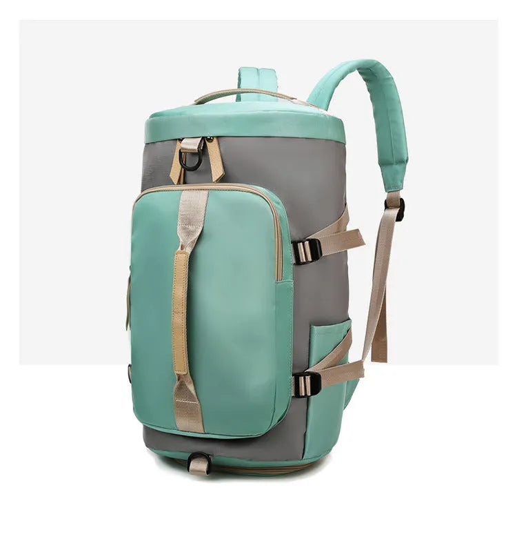 Waterproof convertible gym backpack in use showing shoe compartment and multiple pockets