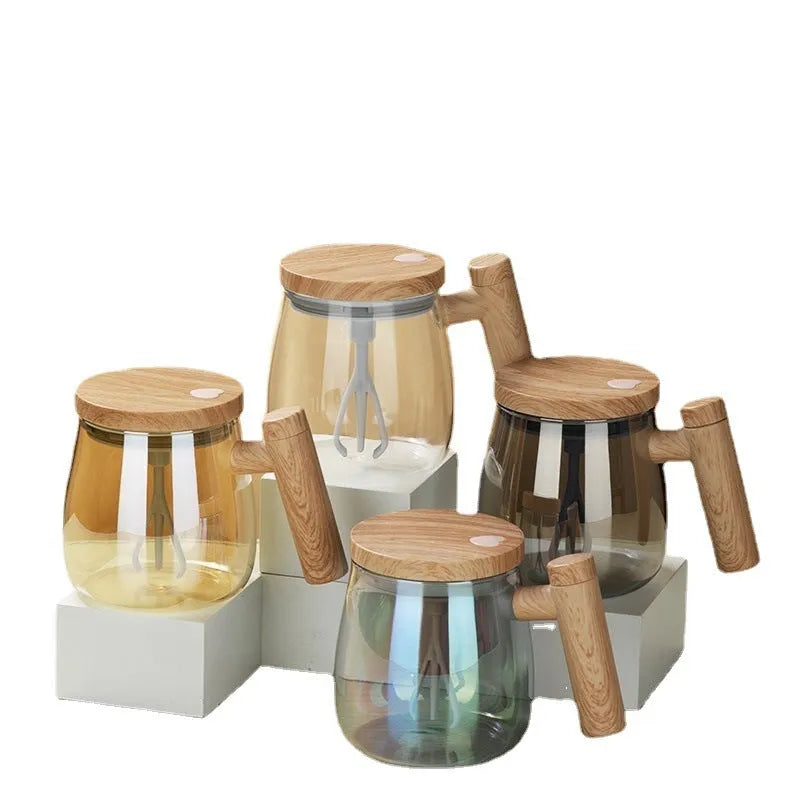400ml clear borosilicate glass electric self-stirring coffee mug with mixing button.