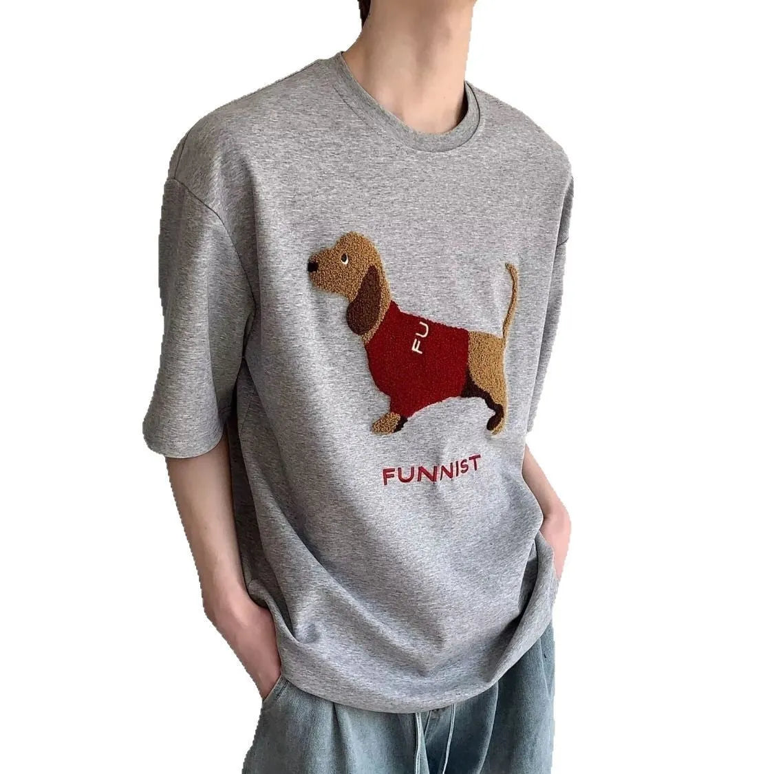 Sausage dog towel embroidery on a grey round neck short sleeve cotton T-shirt