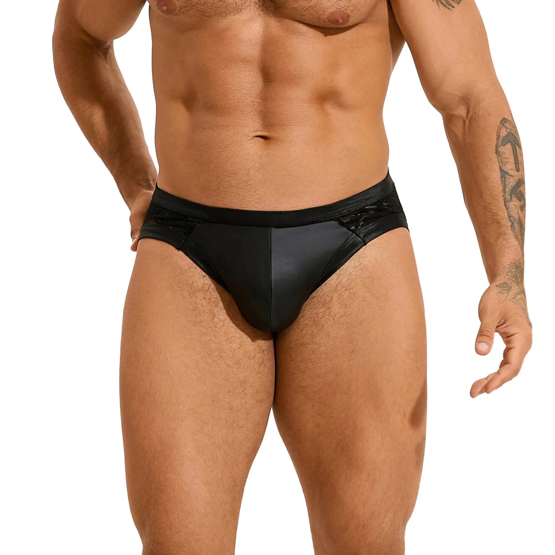 Black men's faux leather briefs with lace detailing and visible stitching.
