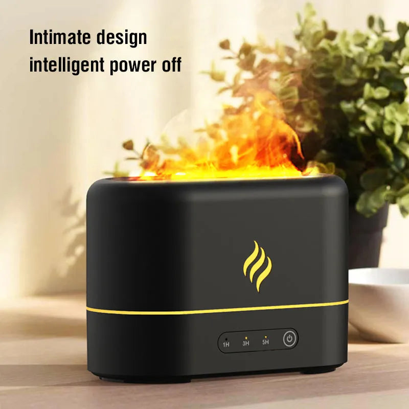 Compact black and white seven-colour flame effect aromatherapy humidifier with USB port and mist outlet.