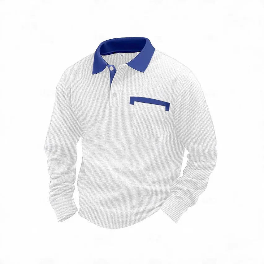 Men's long-sleeved waffle polo shirt with asymmetric design in wine red colour, showing texture detail and loose fit