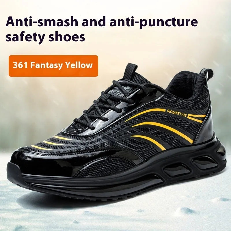 Anti-smashing and puncture lightweight labour protection shoes in orange, grey, green, and yellow colours with leather upper