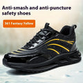 Anti-smashing and puncture lightweight labour protection shoes in orange, grey, green, and yellow colours with leather upper
