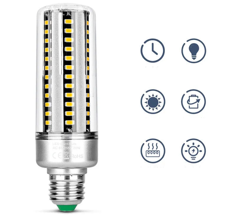 25W LED corn light bulb with aluminium heat sink fins, E27 base, shown in warm white and cool white.