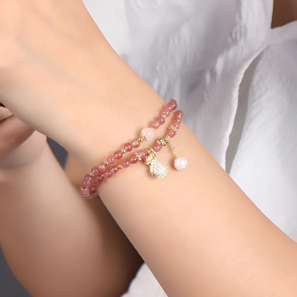 Strawberry quartz geometric crystal bracelet for women with wallet-style design