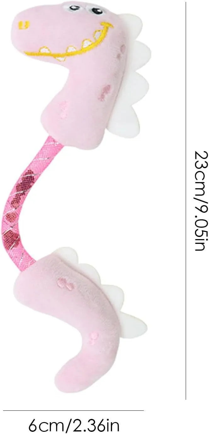 Four plush cat chew toys in pink, purple, and yellow colours showing mouse, fish, bunny, and catnip designs