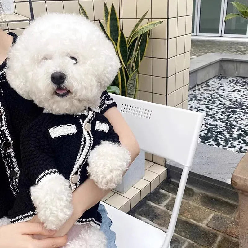 Korean style puppy clothes pearl collar sweater in black or white with princess design for dogs 0.50 kg to 7.50 kg