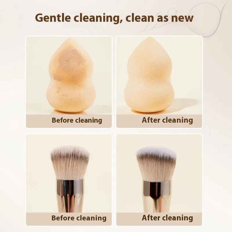 Makeup brush cleaner set showing 80ml detergent bottle and 75ml wash-free spray for beauty tools