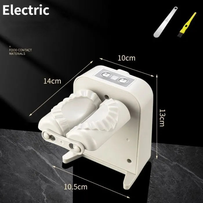 White electric dumpling maker machine with USB charging cable, brush, and spoon.
