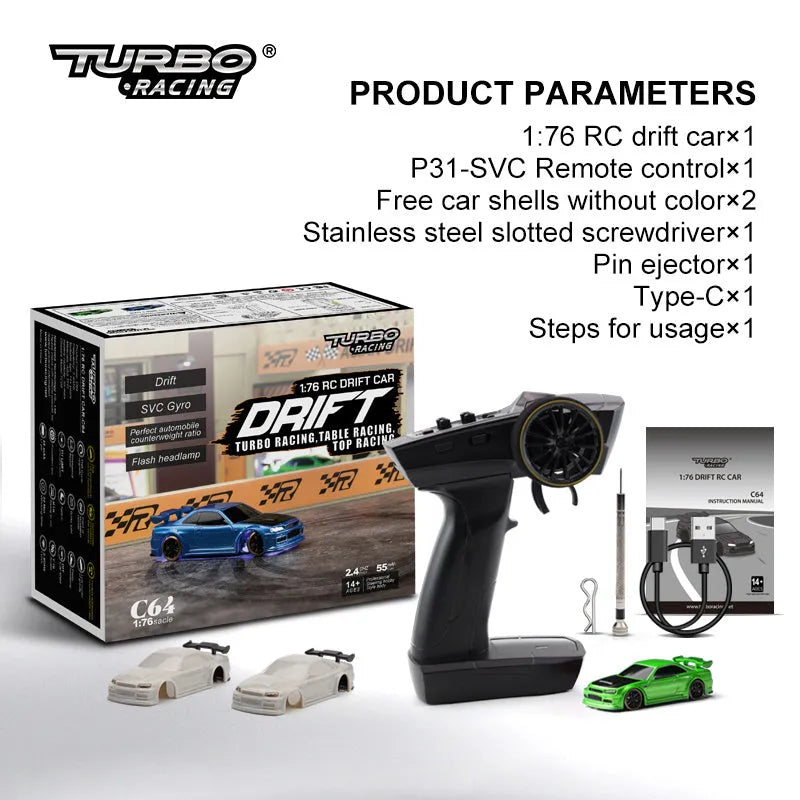 Turbo Racing C64 1:76 scale blue RC drift car with remote control