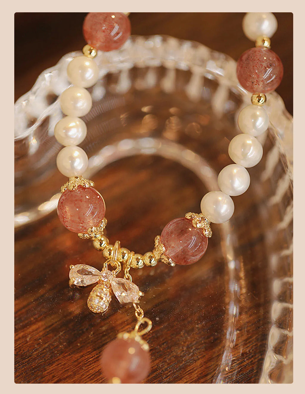 INS style women's bracelet with strawberry quartz stringed pearls and a central bow detail