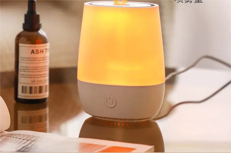 White USB aromatherapy humidifier with simulation flame effect, 138mm x 110mm x 76mm size