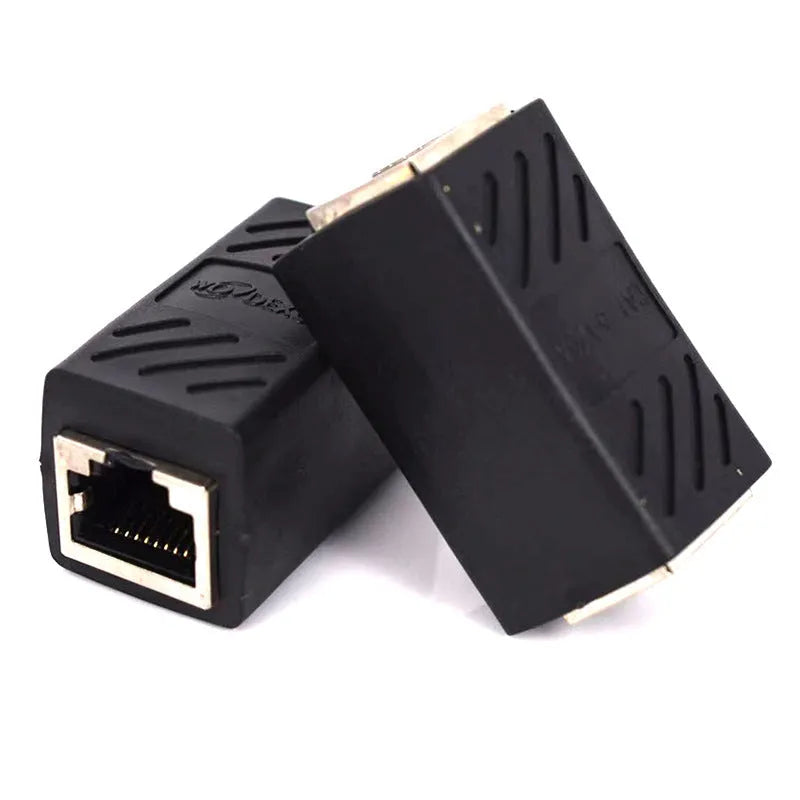 Black RJ45 network cable extender adapter with rotary union for connecting Ethernet cables