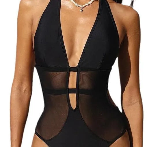 Black women's V-neck one-piece swimsuit with mesh hanging neck detail