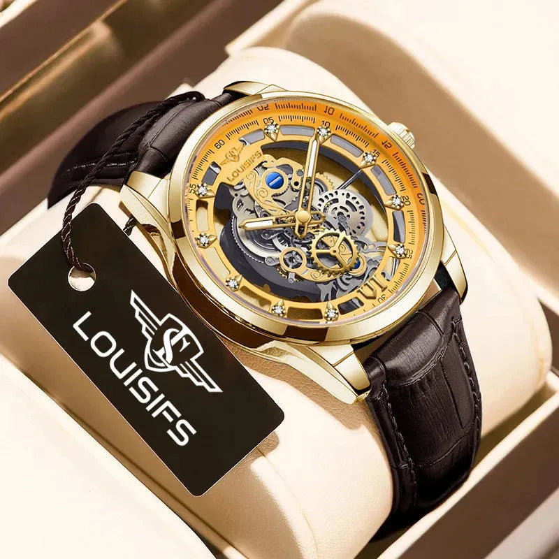 Men's Swiss quartz business watch with 12mm case and leather strap in three colour options