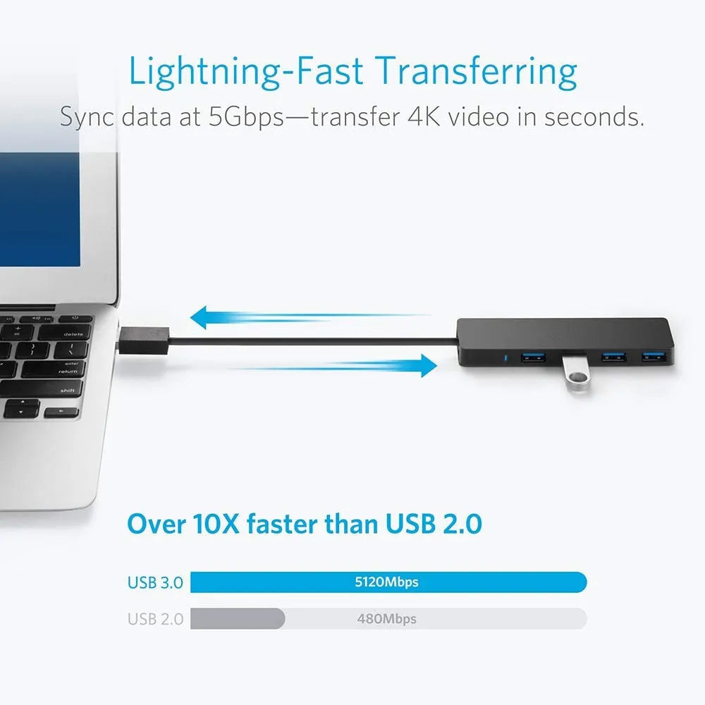 Black USB 3.0 hub with four ports, LED lights, and a 30cm connection cable