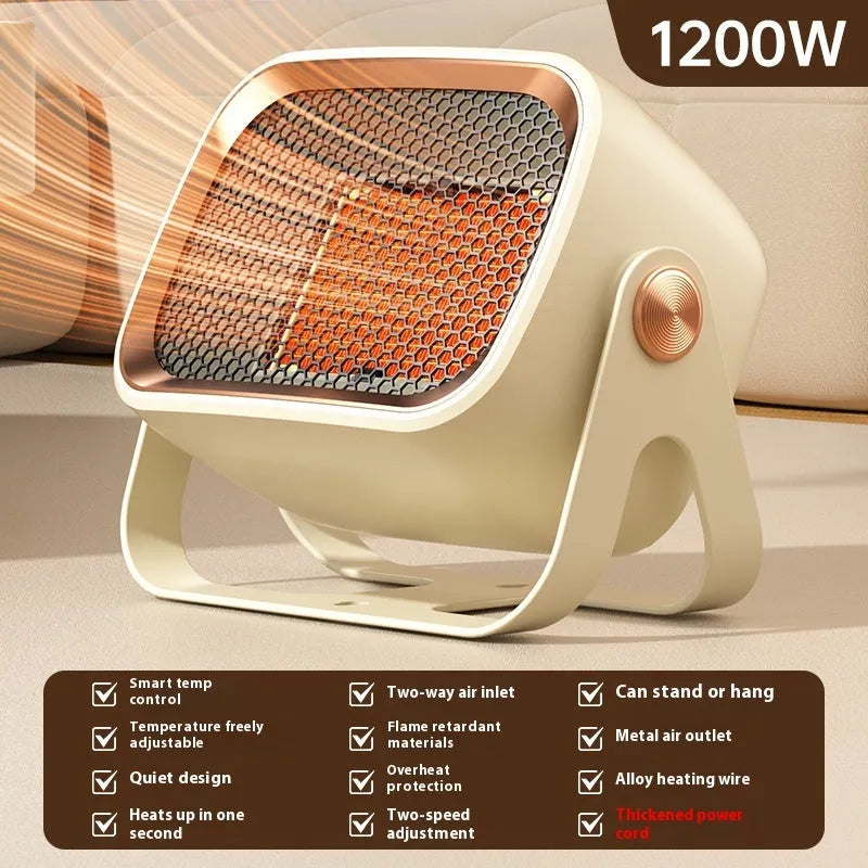 Compact desktop heater measuring 21x11.5x16.5cm with PTC ceramic heating and adjustable 1000W-1500W power