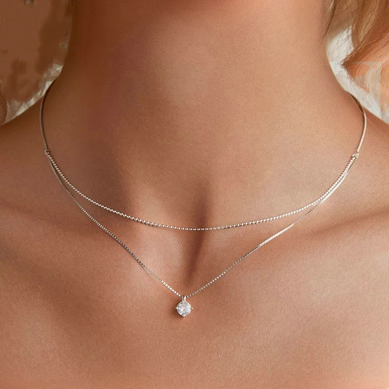 S925 sterling silver double-layer necklace with pearl chain design and adjustable length
