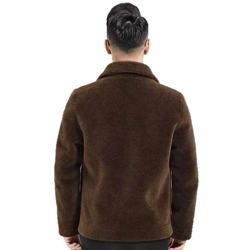 Men's double-sided faux fur polo collar jacket in dark grey, black, or dark, loose fit winter padded coat.