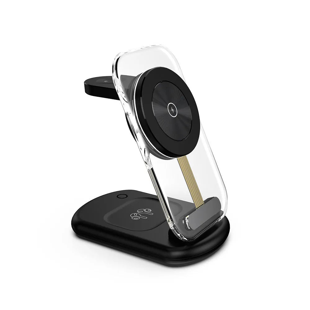Transparent folding wireless charger with magnetic alignment charging three devices