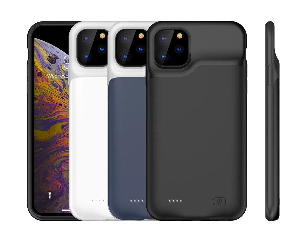 Black silicone iPhone battery charger case showing charging port and power button, compatible with multiple iPhone models.