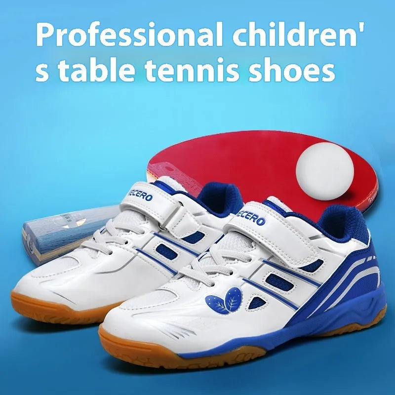 Breathable and non-slip badminton shoes in white and blue with ribbed outsole, low-top design, and hand-painted details.