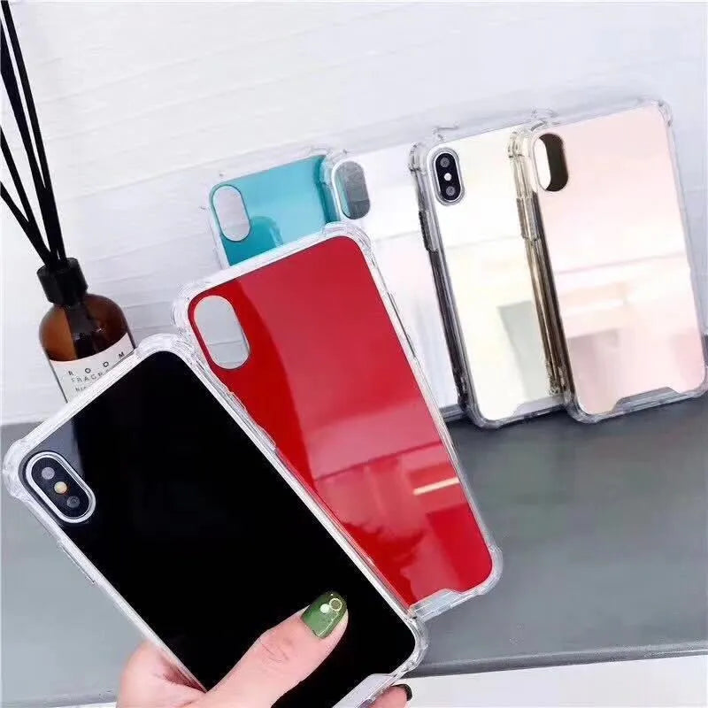 Mirror Phone Case in TPU material for iPhone protection, shown in multiple colours including black, blue, gold, rose gold, silver, and transparent.