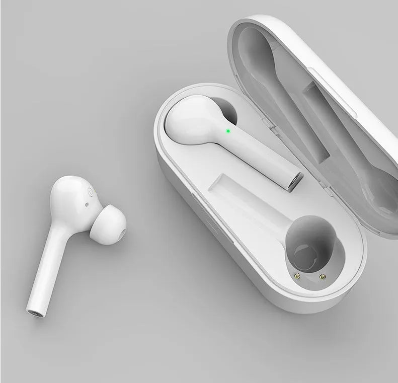 Black and white touch-controlled wireless in-ear headphones with a charging case.