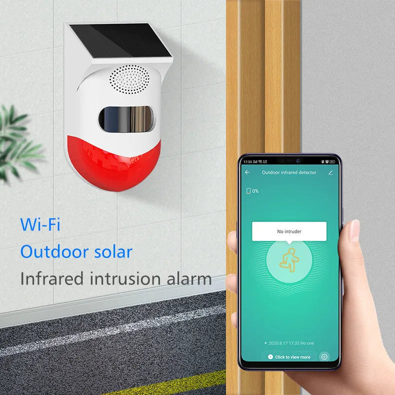 Solar-powered infrared alarm with wall mount for outdoor security detection up to 12 metres