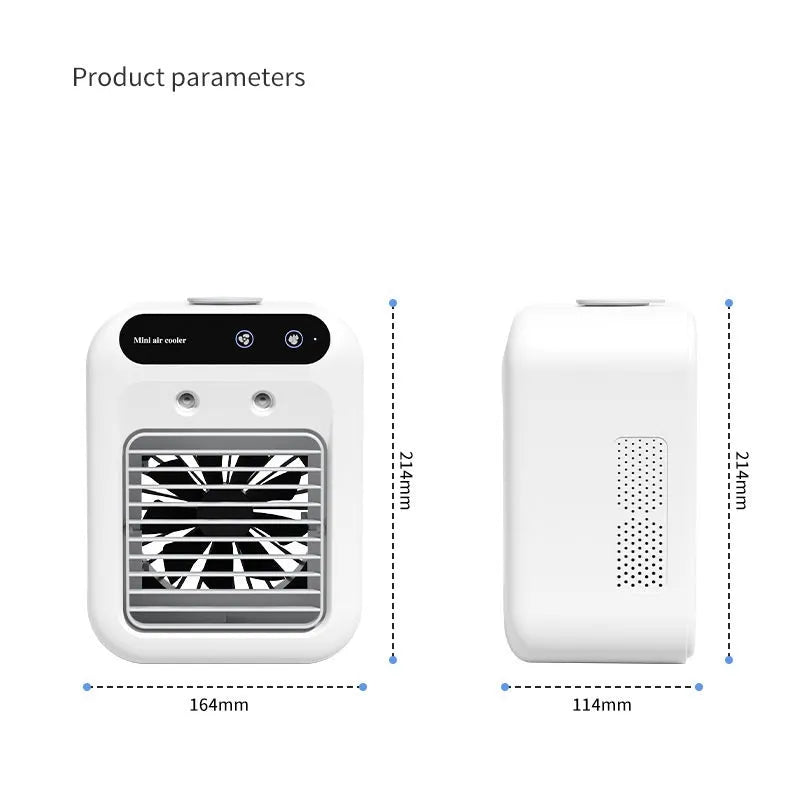 Ivory white portable USB air cooler with water tank and touchscreen controls on desk