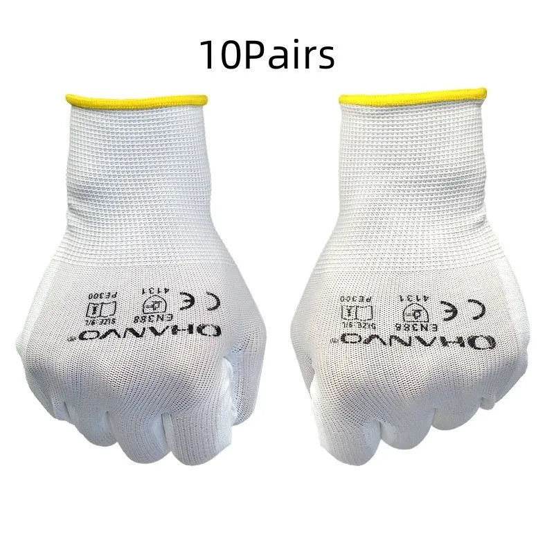 White PU coated labour gloves showing 24cm length and flexible design