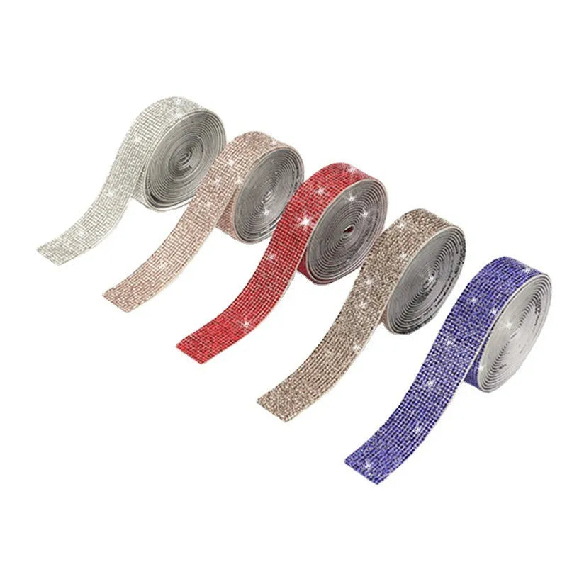 Self-adhesive water drill strip showing electroplated glass surface with adhesive backing, available in white and AB colours