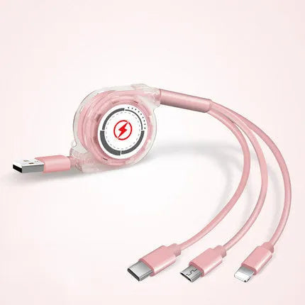 3-in-1 telescopic charging cable with TPE-coated 120cm wire and titanium alloy connectors in multiple colour options